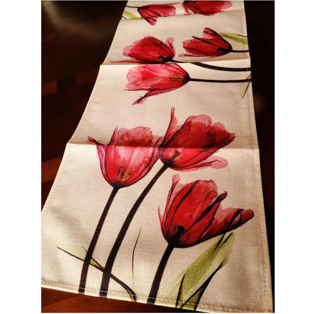 Floral Table Runner Spring Decor Farmhouse Cottage Dining Red Decorative Cloth